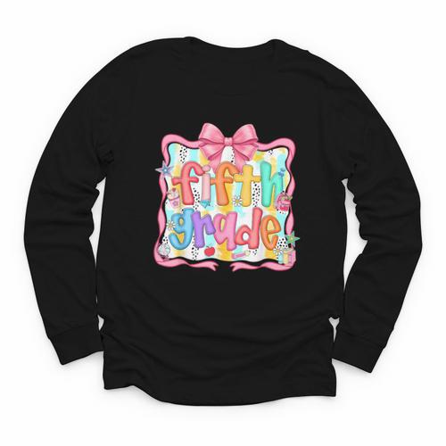 Preppy Back To School Fifth Grade Coquette Bow Women Girl Youth Long Sleeve Tee - Savourry