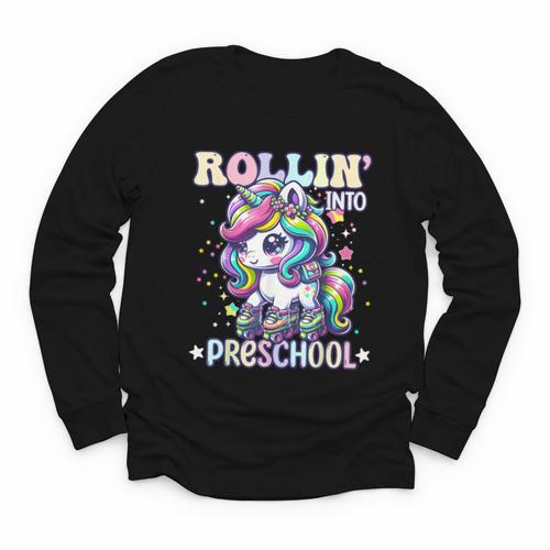 Preschool Back To School First Day Girls PreK Rollin Unicorn Youth Long Sleeve Tee - Savourry