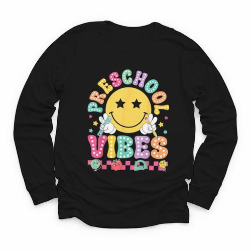 Preschool Vibes Smile Face Back To School Kinder Girls Kids Youth Long Sleeve Tee - Savourry