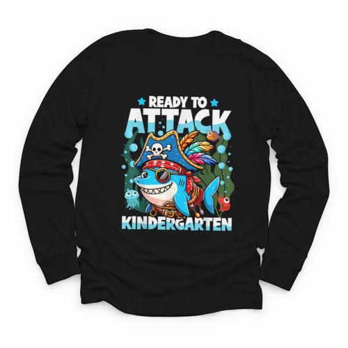 Ready To Attack Kindergarten Pirate Shark Back To School Youth Long Sleeve Tee - Savourry