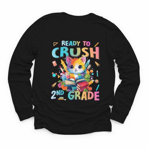 Ready To Crush 2nd Grade Back To School 2nd Grade Cat Kitten Youth Long Sleeve Tee - Savourry