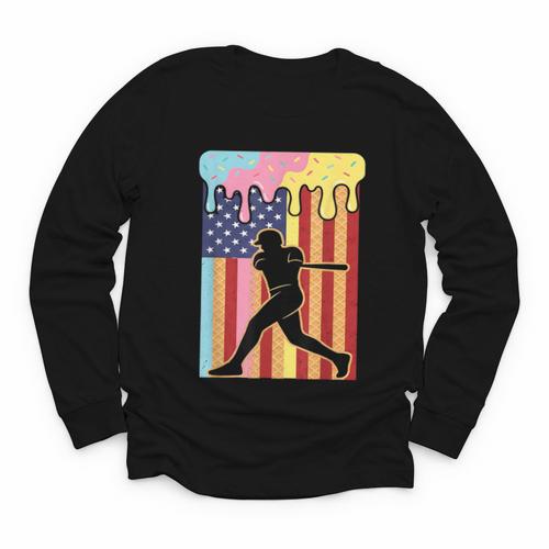 Retro Baseball Drip Boys Ice Cream Patriotic American Flag Youth Long Sleeve Tee - Sportilla