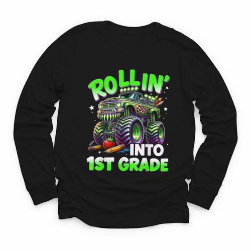 Rollin' Into 1st Grade Monster Truck Back To School Boys Youth Long Sleeve Tee - Savourry