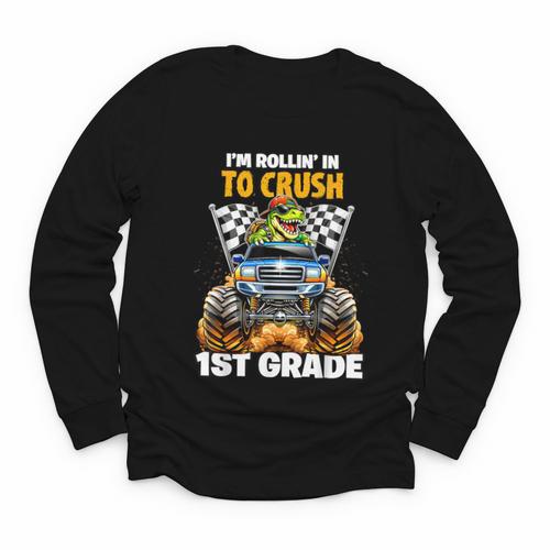 Rollin Crush Dinosaur Monster Truck Back To School 1st Grade Youth Long Sleeve Tee - Savourry
