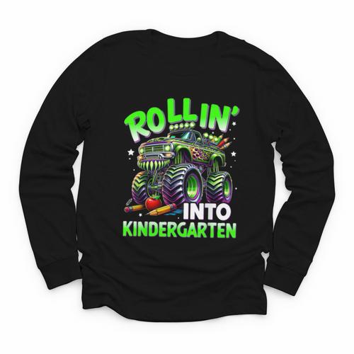 Rollin' Into Kindergarten Monster Truck Back To School Boys Youth Long Sleeve Tee - Savourry