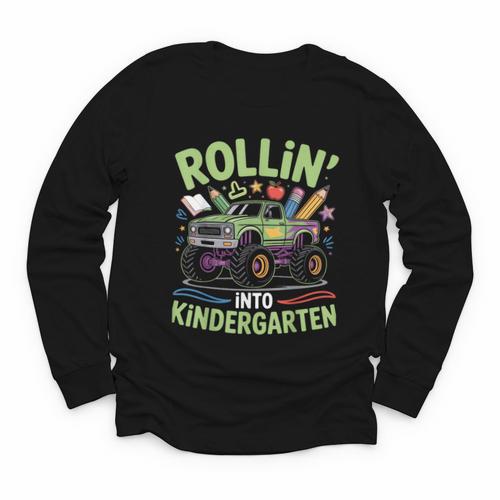 Rollin Into Kindergarten Monster Truck Back To School Youth Long Sleeve Tee - Savourry