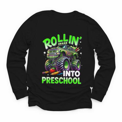 Rollin' Into Preschool Monster Truck Back To School Boys Youth Long Sleeve Tee - Savourry