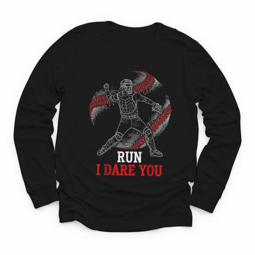 Run I Dare You Baseball Catcher Graphic Players Fans Youth Long Sleeve Tee - Sportilla
