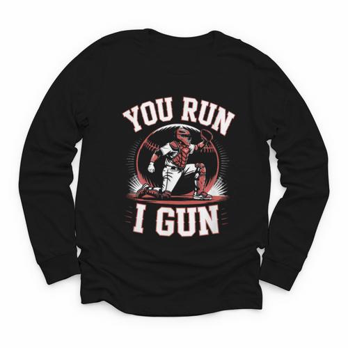 You Run I Gun Baseball Catcher Softball Player Youth Long Sleeve Tee - Sportilla