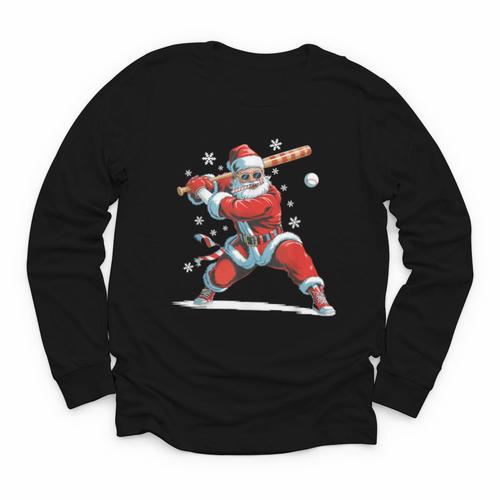 Santa Playing Baseball Christmas Candy Cane Fun Xmas Holiday Youth Long Sleeve Tee - Sportilla