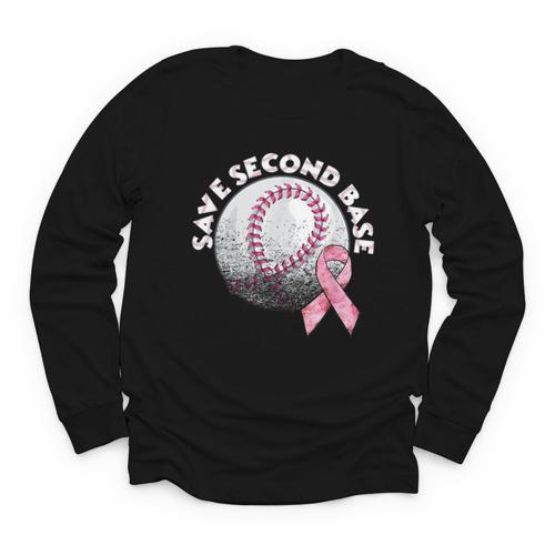 Save 2nd Base Breast Cancer Awareness Pink Ribbon Baseball Youth Long Sleeve Tee - Sportilla