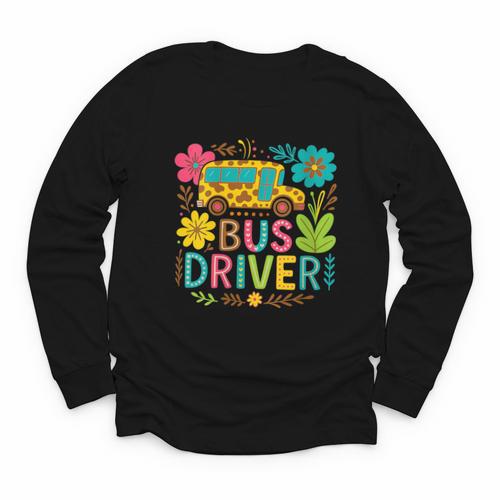 School Bus Driver Boho Floral Leopard Back To School Womens Youth Long Sleeve Tee - Savourry