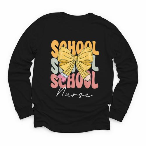 School Nurse Groovy Coquette Bow Cute Back To School Youth Long Sleeve Tee - Savourry