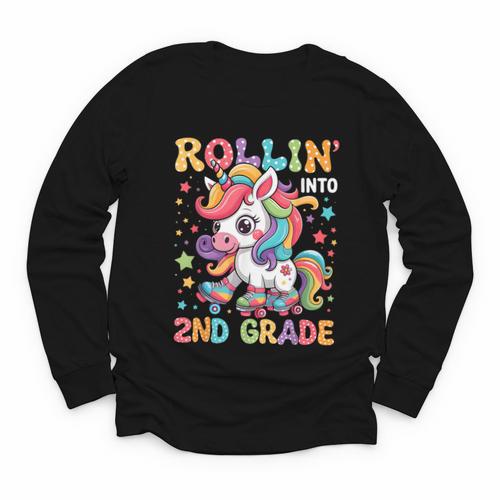 Second Grade Back To School First Day Girls Rollin Unicorn Youth Long Sleeve Tee - Savourry