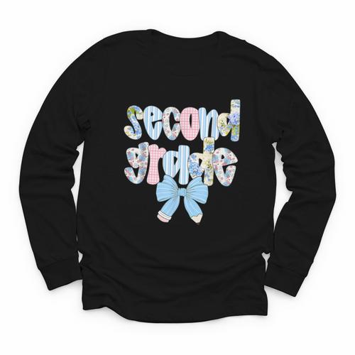 Second Grade Coquette Bow Pencil First Day Back To School Youth Long Sleeve Tee - Savourry
