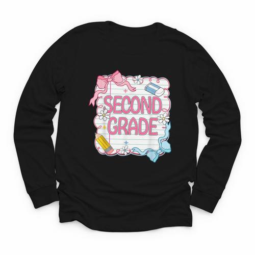 Second Grade Girls Kids Back To School Girls Coquette Bows Youth Long Sleeve Tee - Savourry