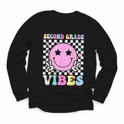 Second Grade Vibes Groovy Back To School 2nd Grade Girls Kid Youth Long Sleeve Tee - Savourry