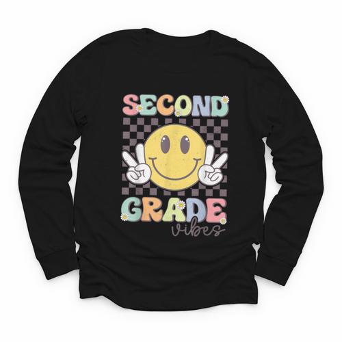 Second Grade Vibes Smile Face 2nd Grade Team Back To School Youth Long Sleeve Tee - Savourry