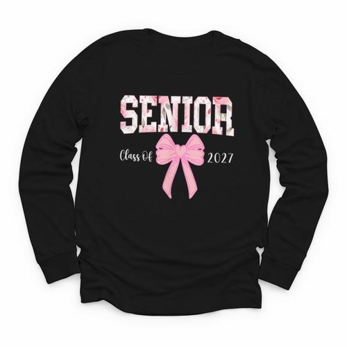 Senior 2027 Floral Pink Bow Back To School Class Of 2027 Youth Long Sleeve Tee - Savourry