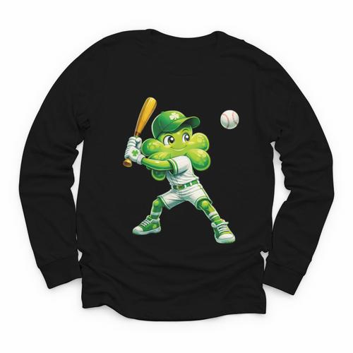 Shamrock Playing Baseball St Patricks Day Men Boys Kid Youth Long Sleeve Tee - Sportilla