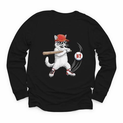 Six Seven 67 Baseball Cat Birthday Men Kids Boys Youth Long Sleeve Tee - Sportilla