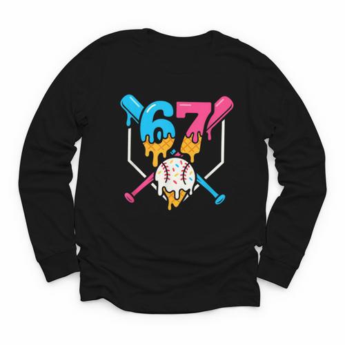 Six Seven Baseball Ice Cream Drip Cool 67 Gen Alpha Slang Youth Long Sleeve Tee - Sportilla