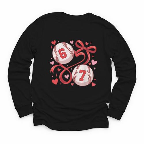 Six Seven Baseball Lover Sports Red Heart Bow Valentine Girl Youth Long Sleeve Tee - Sportilla