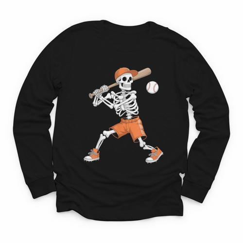 Skeleton Batting Baseball Halloween Youth Long Sleeve Tee - Sportilla