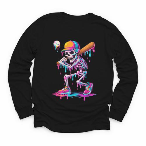 Skelton Playing Baseball Halloween Baseball Drip Boys Kids Youth Long Sleeve Tee - Sportilla
