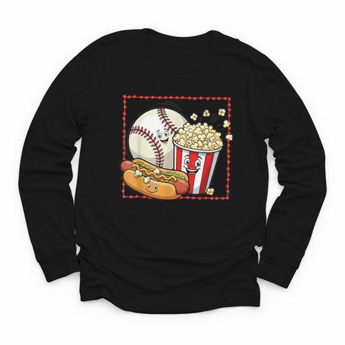 Smiling Baseball Popcorn And Hot-Dog Cartoon Apparel Youth Long Sleeve Tee - Sportilla