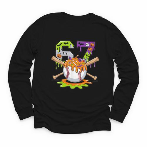 Spooky Halloween Baseball Ice Cream Dripping Six Seven 6 7 Youth Long Sleeve Tee - Sportilla