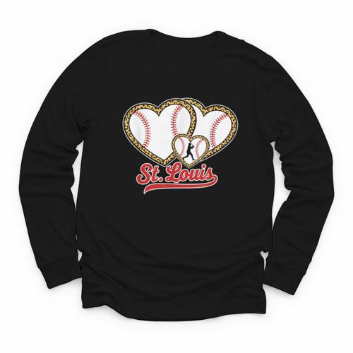 St Louis Leopard Heart Baseball Batter Boys Fan Youth Long Sleeve Tee - Sportilla
