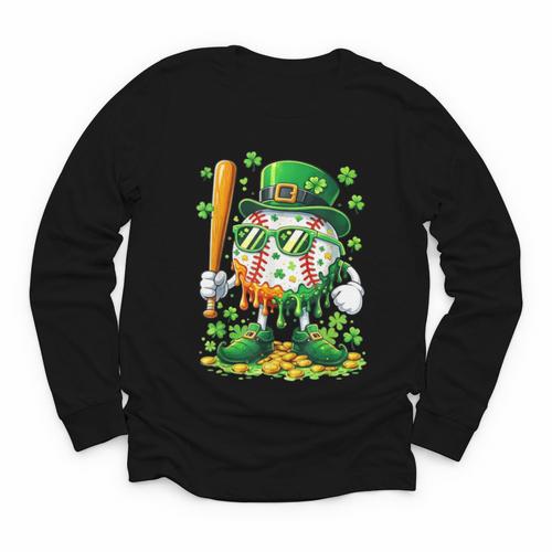St Patricks Day Baseball Ice Cream Baseball Player Cartoon Youth Long Sleeve Tee - Sportilla