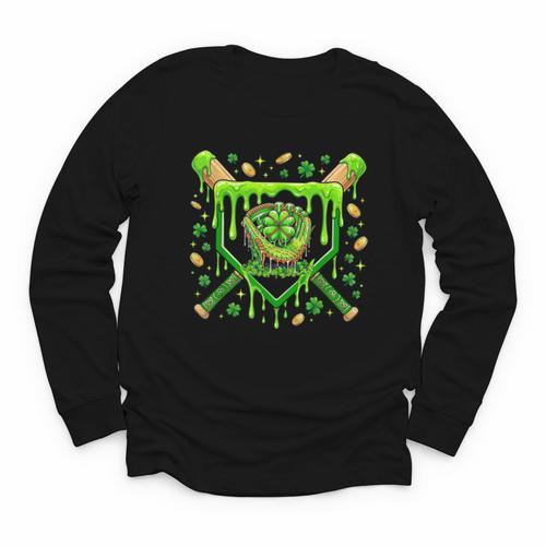 St Patricks Day Baseball Ice Cream Shamrock Baseball Player Youth Long Sleeve Tee - Sportilla