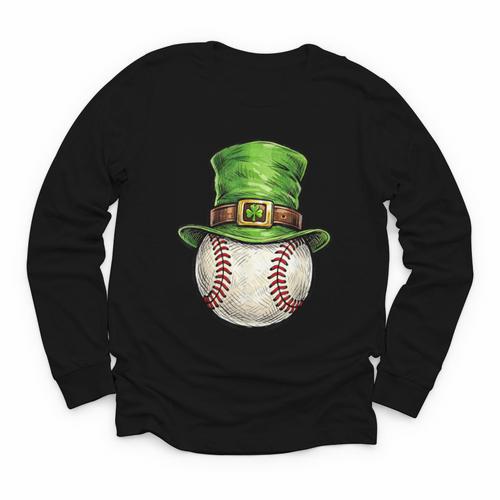 St Patricks Day Baseball Player Leprechaun Hat Men Boys Kids Youth Long Sleeve Tee - Sportilla