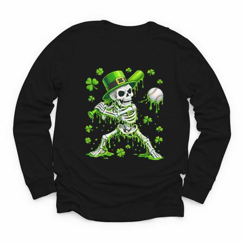 St Patricks Day Baseball Skeleton Irish Leprechaun Hat Boys Youth Long Sleeve Tee - Sportilla
