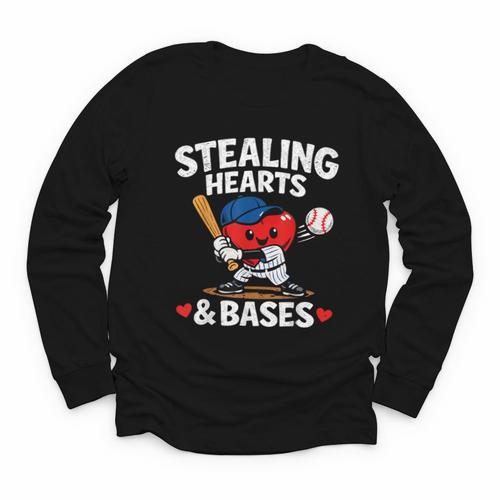 Stealing Hearts & Bases Valentine’s Day Baseball Love Youth Long Sleeve Tee - Sportilla