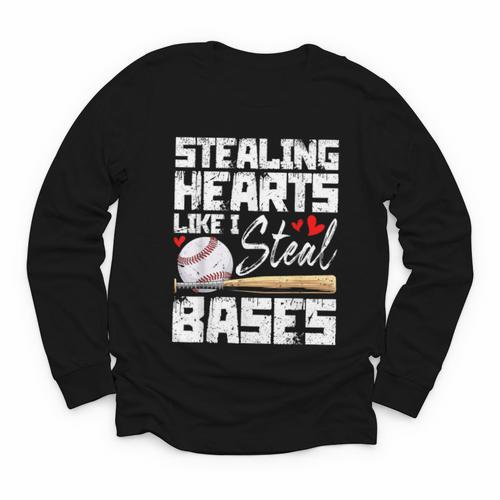 Stealing Hearts Like I Steal Bases Baseball Valentines Youth Long Sleeve Tee - Sportilla