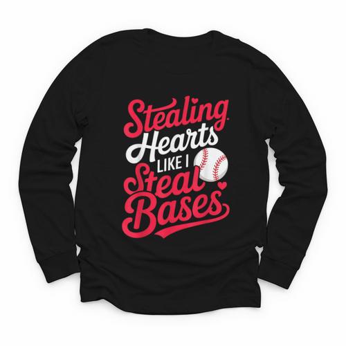 Stealing Hearts Like I Steal Bases Cute Baseball Boys Youth Long Sleeve Tee - Sportilla
