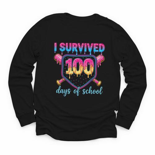 I Survived 100 Days Of School Baseball 100th Day Kids Girls Youth Long Sleeve Tee - Sportilla