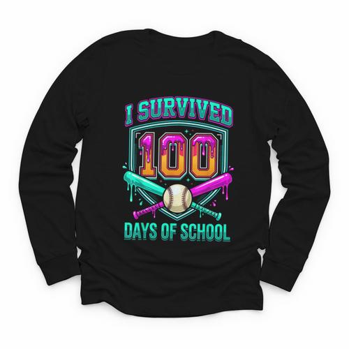 I Survived 100 Days Of School Baseball Drip Youth Long Sleeve Tee - Sportilla