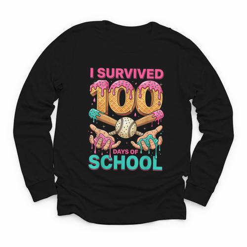 I Survived 100 Days Of School Baseball Ice Cream Drip Youth Long Sleeve Tee - Sportilla