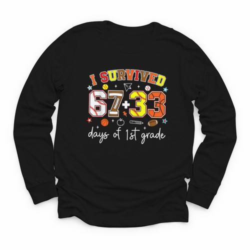 I Survived 6733 Days Of 1st Grade Baseball Football 100 Day Youth Long Sleeve Tee - Sportilla