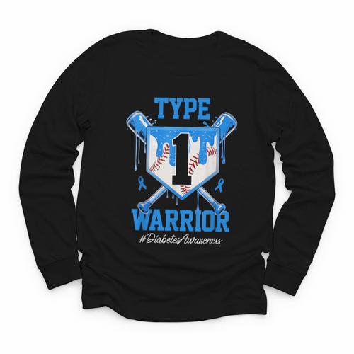 T1D Warrior Baseball Drip Diabetes Awareness Blue Ribbon Youth Long Sleeve Tee - Sportilla