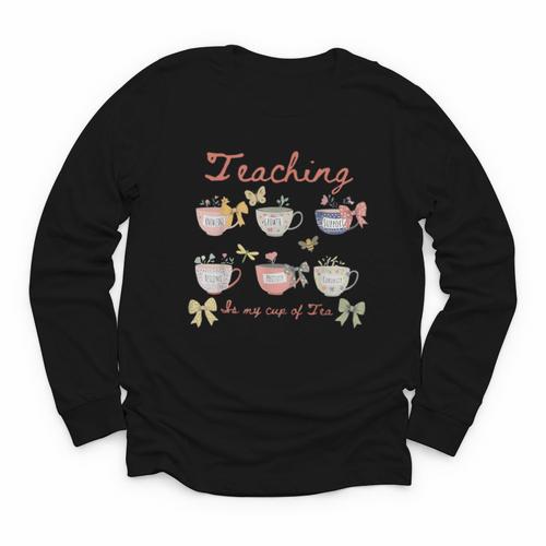 Teaching Is My Cup Of Tea Coquette Bow Floral Back To School Youth Long Sleeve Tee - Savourry