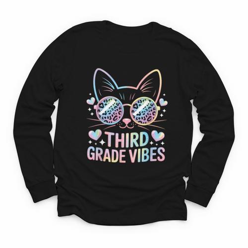 Third 3rd Grade Vibes Back To School Cute Cat Cute For Girls Youth Long Sleeve Tee - Savourry