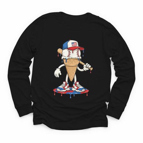 USA Patriotic Baseball Ice Cream Cone Freedom Youth Long Sleeve Tee - Sportilla