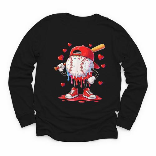 Valentine Baseball Heart Drip Sport Love Valentines Day Boys Youth Long Sleeve Tee - Sportilla