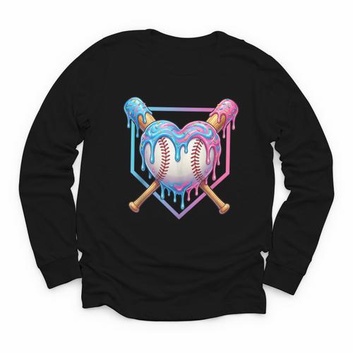 Valentines Baseball Heart Dripping Ice Cream Gen Z Alpha Youth Long Sleeve Tee - Sportilla