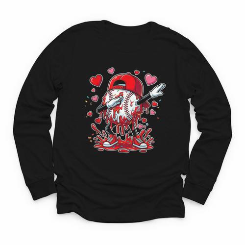 Valentines Baseball Toddler Boys Kids Dabbing Baseball Drip Youth Long Sleeve Tee - Sportilla